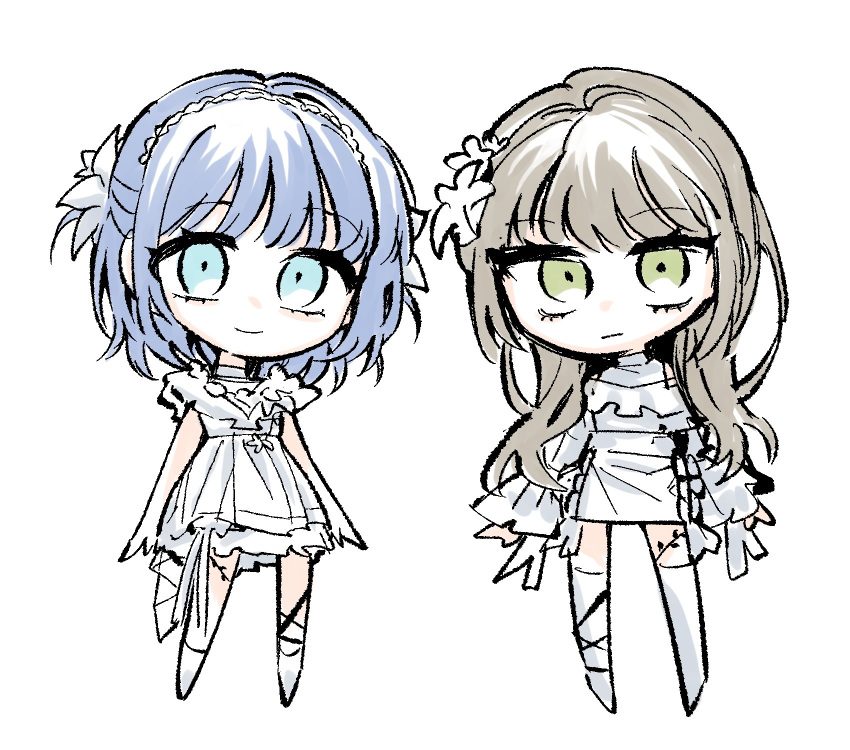 2girls, bang_dream!, bang_dream!_our_notes, blue_eyes, blue_hair, commentary_request, dress, flower, green_eyes, grey_hair, hair_flower, hair_ornament, hairband, hamasaki_mahoro, highres, korean_commentary, kotohira_nagi, long_sleeves, multiple_girls, neonfloyd, short_hair, short_sleeves, simple_background, thigh-highs, white_background, white_dress, white_hairband, white_thighhighs