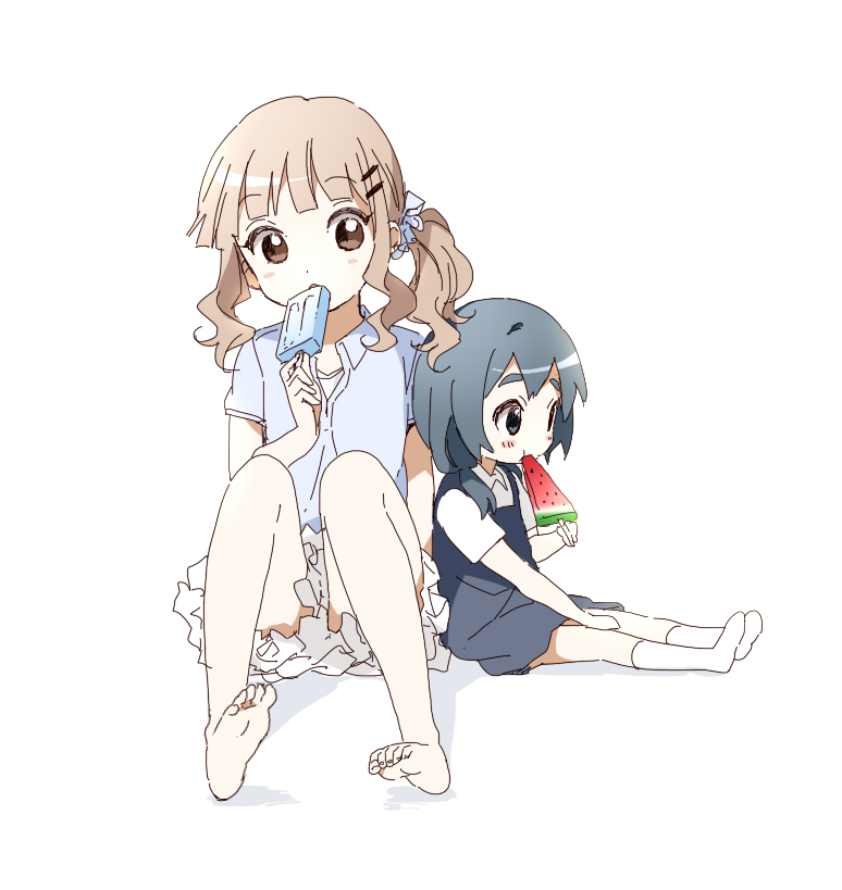 alternate_hairstyle, barefoot, black_hair, blonde_hair, blue_hair, brown_eyes, brown_hair, casual, character_request, child, dress, eating, eyebrows, feet, food, fruit, furutani_kaede, hair_ornament, hairclip, kneehighs, leaning, multiple_girls, namori, official_art, oomuro_sakurako, payot, popsicle, scrunchie, short_hair, side_ponytail, sitting, skirt, suika_bar, twintails, watermelon, watermelon_bar, yuru_yuri