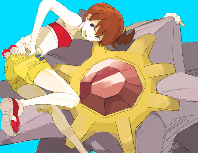 1girl, ass, badge, badge_(pokemon), blue_eyes, cascade_badge, gym_leader_badge, kasumi_(pokemon)