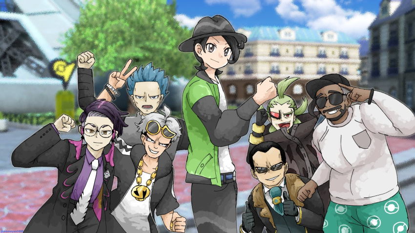 6+boys, beard, black_gloves, black_hair, black_hat, blue_hair, clenched_hand, corbeau_(pokemon), cyrus_(pokemon), double_thumbs_up, eyewear_on_head, facial_hair, game_screenshot_background, ghetsis_(pokemon), giovanni_(pokemon), giovanni_(sygna_suit)_(alt.)_(pokemon), gloves, green_hair, green_jacket, grey_eyes, guzma_(pokemon), hat, highres, jacket, looking_at_viewer, lumiose_city, momoyuu1009, multiple_boys, necktie, official_alternate_costume, open_mouth, paxton_(pokemon), pokemon, pokemon_bw2, pokemon_dppt, pokemon_legends:_z-a, pokemon_masters_ex, pokemon_sm, pokemon_swsh, purple_hair, red_eyes, rose_(pokemon), round_eyewear, screenshot_background, smile, sunglasses, sweater, thumbs_up, v, white_hair, white_necktie, white_sweater, yellow_eyes