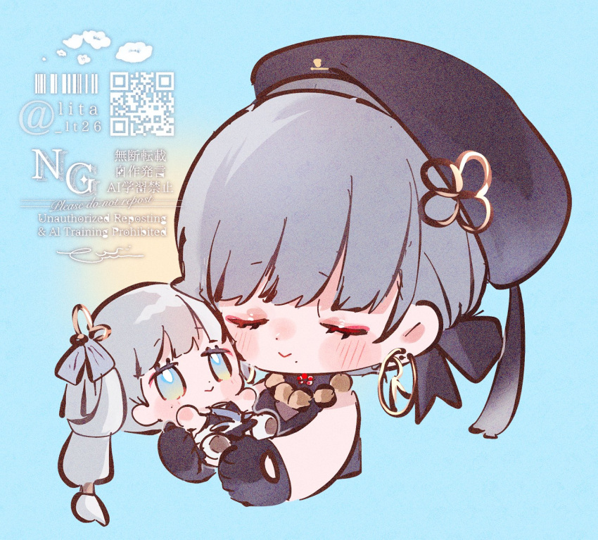 2girls, bead_necklace, beads, beret, black_gloves, black_hat, blurry, blurry_background, chibi, chibi_only, closed_eyes, closed_mouth, commentary, earrings, gloves, grey_hair, hair_rings, hat, highres, hoop_earrings, jewelry, jinhsi_(wuthering_waves), long_hair, lt26, mini_person, minigirl, mole, mole_on_cheek, mole_under_mouth, multiple_girls, necklace, sanhua_(wuthering_waves), smile, symbol-only_commentary, wuthering_waves