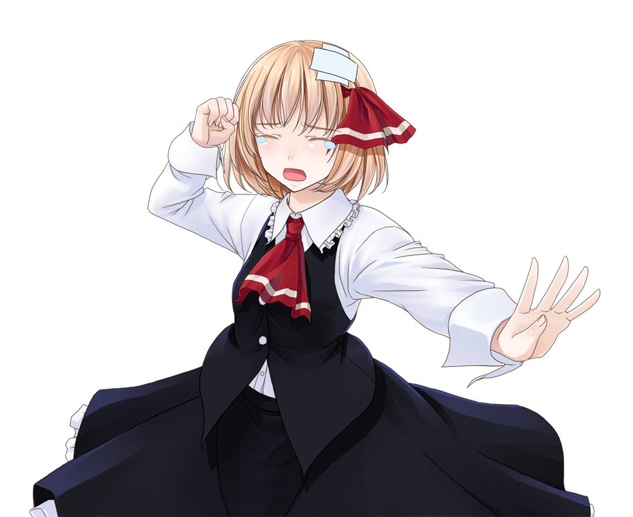 1girl, arm_up, ascot, black_skirt, black_vest, blonde_hair, buttons, clenched_hand, closed_eyes, collared_shirt, commentary_request, cowboy_shot, crote, frilled_shirt_collar, frilled_skirt, frills, furrowed_brow, gauze, gauze_on_head, hair_ribbon, half-closed_eyes, large_variant_set, long_sleeves, open_mouth, outstretched_arm, red_ascot, red_ribbon, ribbon, rumia, shirt, shirt_tucked_in, short_hair, skirt, solo, tachi-e, tearing_up, touhou, transparent_background, variant_set, vest, white_shirt, wing_collar