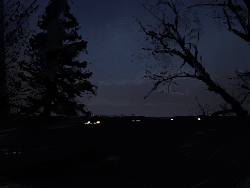 absurdres, city_lights, commentary, dark, forest, highres, horizon, landscape