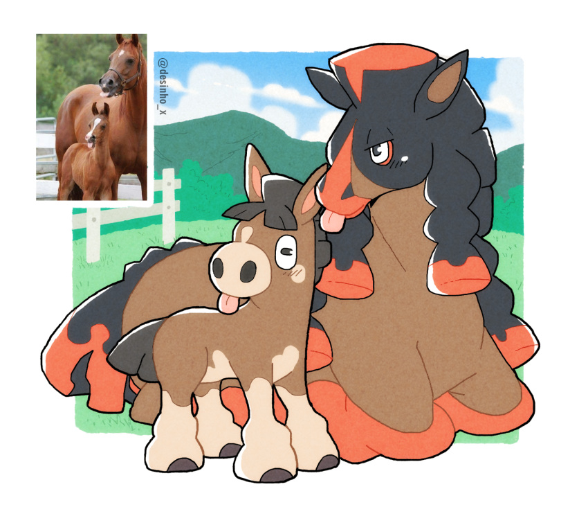 animal_focus, blue_sky, clouds, commentary, day, english_commentary, evolutionary_line, fence, highres, horse, mudbray, mudsdale, no_humans, nostrils, outdoors, photo-referenced, pokemon, pokemon_(creature), pokemon_focus, reference_inset, sky, studiompup, tongue, tongue_out