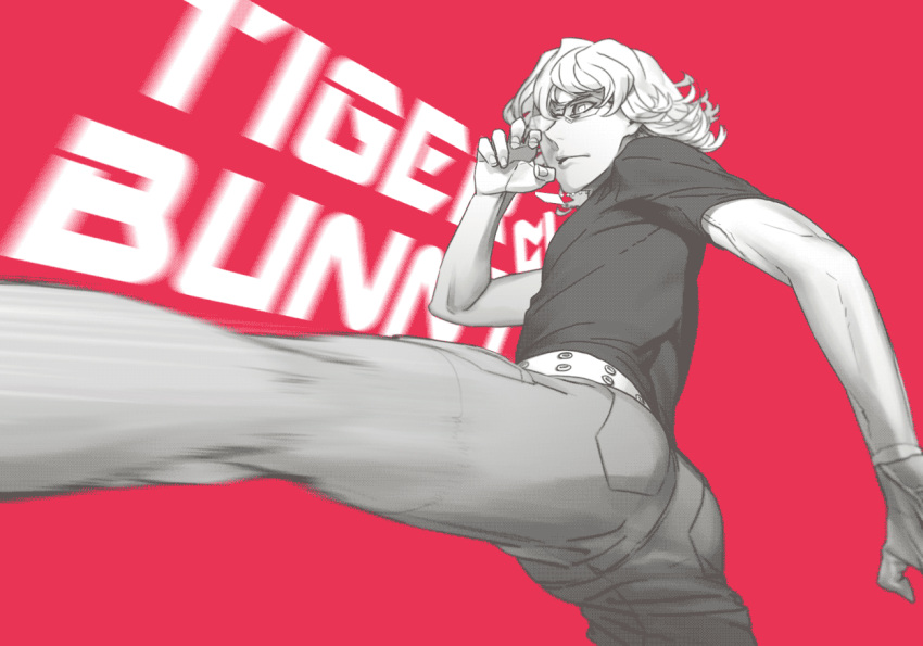 barnaby_brooks_jr, belt, glasses, hanehito, jeans, kicking, male, monochrome