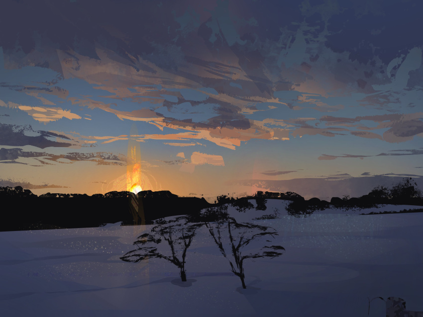 absurdres, bush, clouds, cloudy_sky, commentary, forest, highres, landscape, nature, no_humans, original, outdoors, painterly, scenery, sky, sky_focus, snow, sunrise, symbol-only_commentary, tree, twulfs