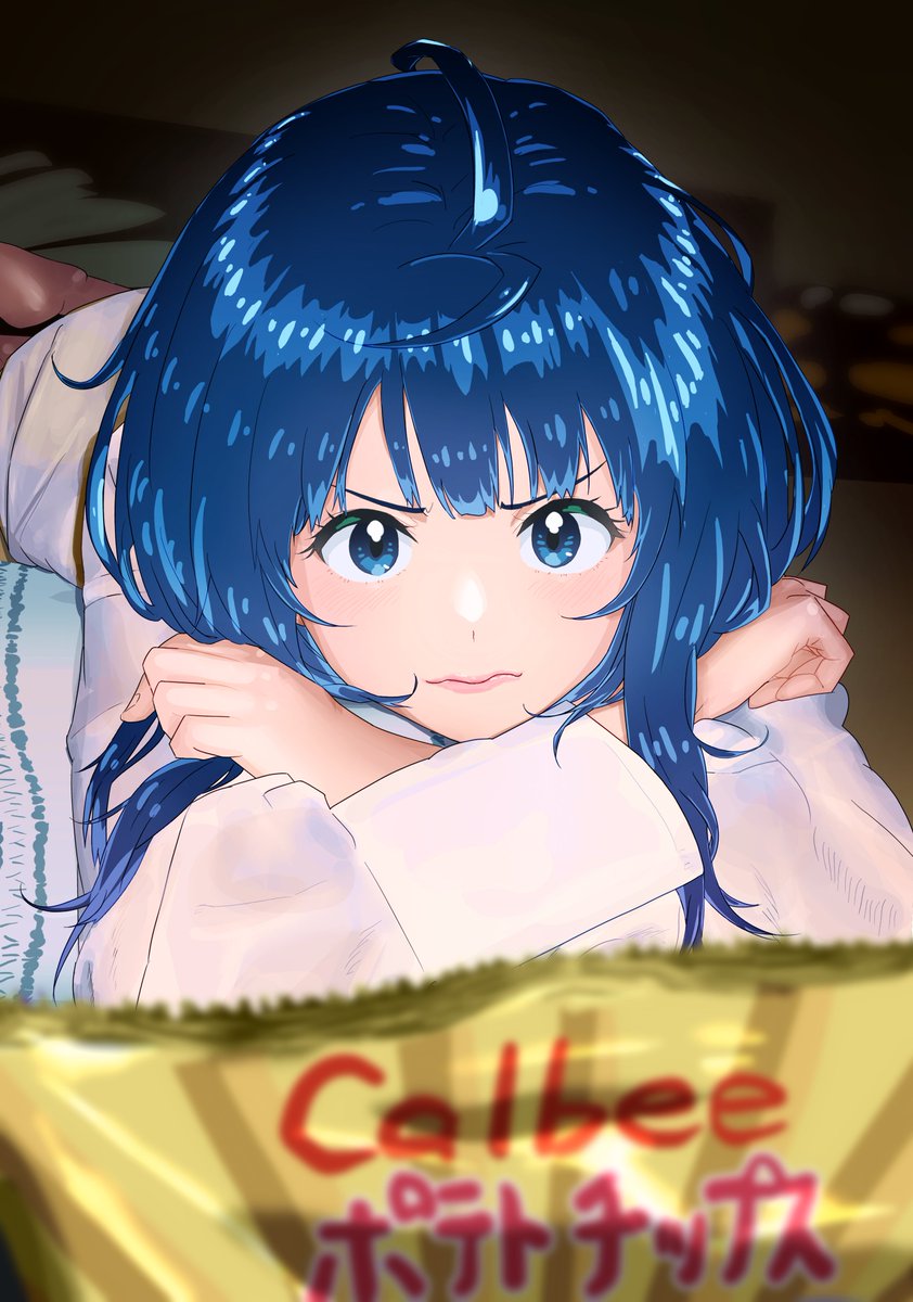 1girl, ahoge, bag_of_chips, blue_eyes, blue_hair, closed_mouth, commentary_request, crossed_arms, highres, imzen, lips, long_sleeves, looking_at_viewer, lying, make_heroine_ga_oo_sugiru!, on_stomach, shirt, solo, white_shirt, yanami_anna
