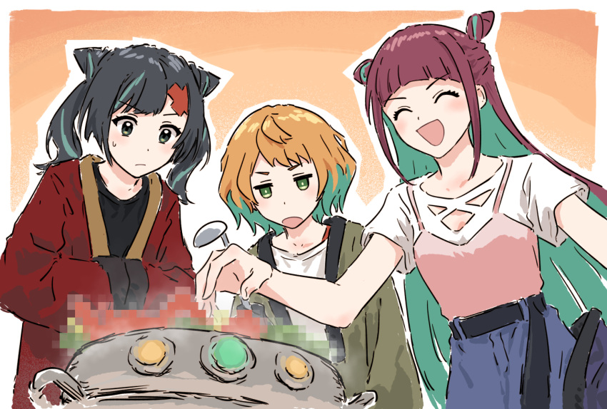 3girls, :/, :d, ^_^, arched_bangs, bad_food, belt, black_belt