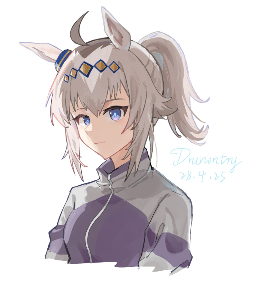 1girl, ahoge, animal_ears, blue_eyes, closed_mouth, commentary, cropped_torso, drunontry, ear_ornament, english_commentary, grey_hair, hair_between_eyes, hair_ornament, hairband, highres, horse_ears, horse_girl, jacket, kasamatsu_tracen_training_uniform, long_hair, long_sleeves, looking_at_viewer, multicolored_hair, multicolored_jacket, oguri_cap_(umamusume), ponytail, purple_jacket, simple_background, solo, track_jacket, two-tone_jacket, umamusume, umamusume:_cinderella_gray, white_background