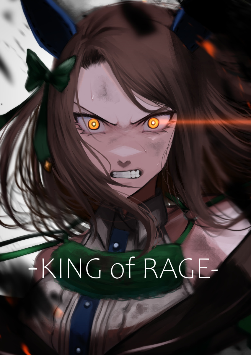 1girl, absurdres, animal_ears, bare_shoulders, bow, brown_hair, clenched_teeth, commentary_request
