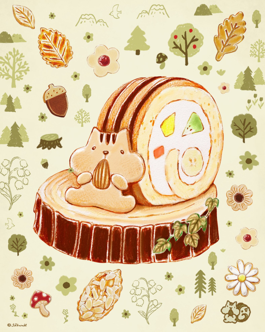 acorn, cake, chipmunk, commentary_request, cookie, flower, food, food_focus, highres, mushroom, no_humans, original, saku_sakuraba16, squirrel, swiss_roll, tree