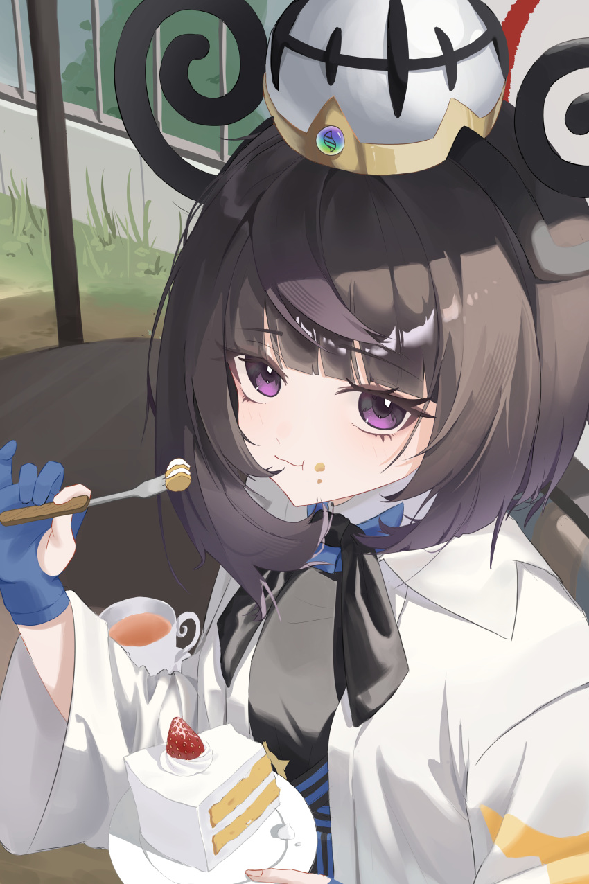1girl, absurdres, black_dress, black_hair, blue_gloves, blunt_bangs, bob_cut, cake, cake_slice, closed_mouth, coat, commentary_request, cup, dress, eating, food, food_on_face, fork, fruit, gloves, gradient_hair, gwynn_(pokemon), hat, highres, holding, holding_fork, holding_plate, korean_commentary, long_sleeves, looking_at_viewer, mega_stone, multicolored_hair, naz_(hsae3838), open_clothes, open_coat, partially_fingerless_gloves, plate, pokemon, pokemon_legends:_z-a, purple_hair, short_hair, solo, strawberry, tea, teacup, violet_eyes, white_coat