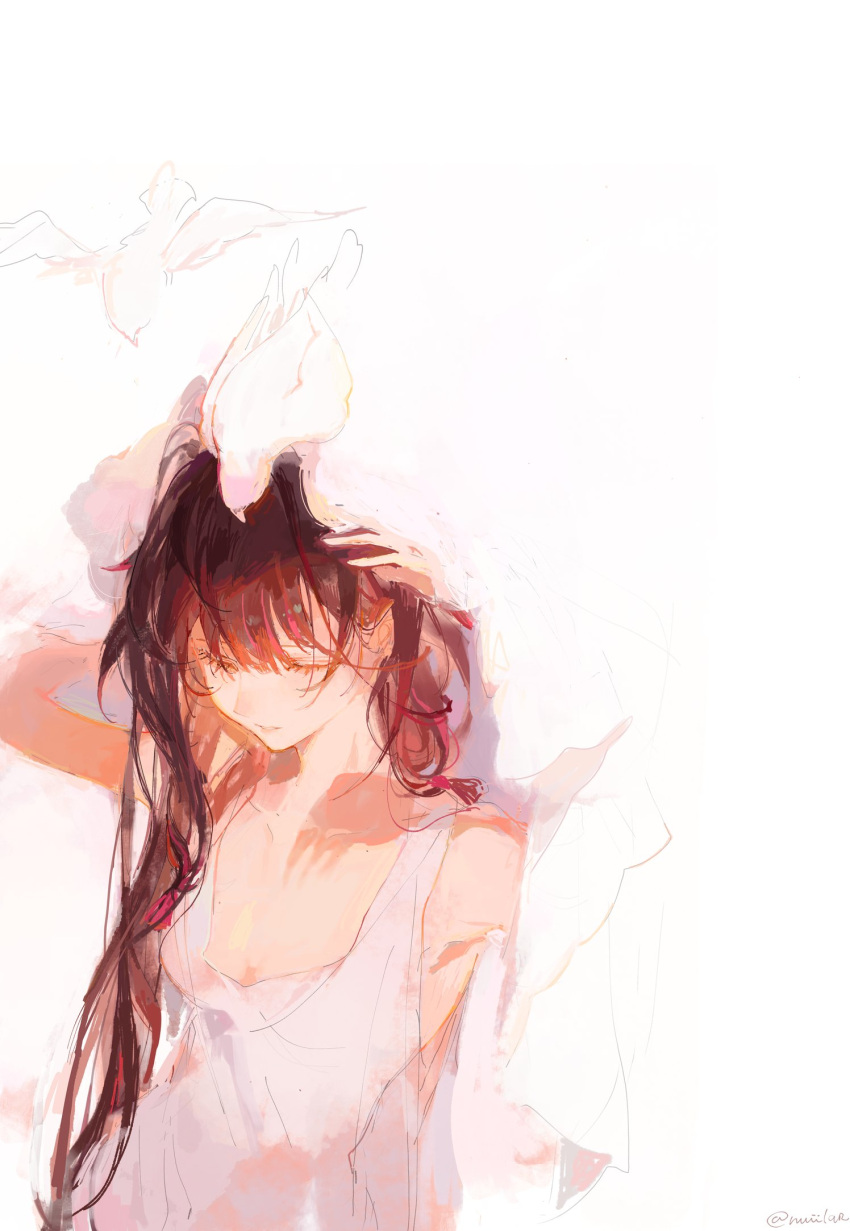 1girl, alternate_costume, animal_on_head, armpits, arms_up, bare_shoulders, bird, bird_on_head, black_hair, breasts, breasts_apart, closed_eyes, collarbone, columbina_(genshin_impact), commentary, dress, english_commentary, genshin_impact, hair_down, hair_over_shoulder, highres, holding_veil, light_smile, long_hair, multicolored_hair, nuiilar, on_head, parted_lips, pigeon, pink_hair, see-through_silhouette, signature, simple_background, sleeveless, sleeveless_dress, small_breasts, solo, twitter_username, two-tone_hair, upper_body, veil, white_background, white_bird, white_dress, white_veil