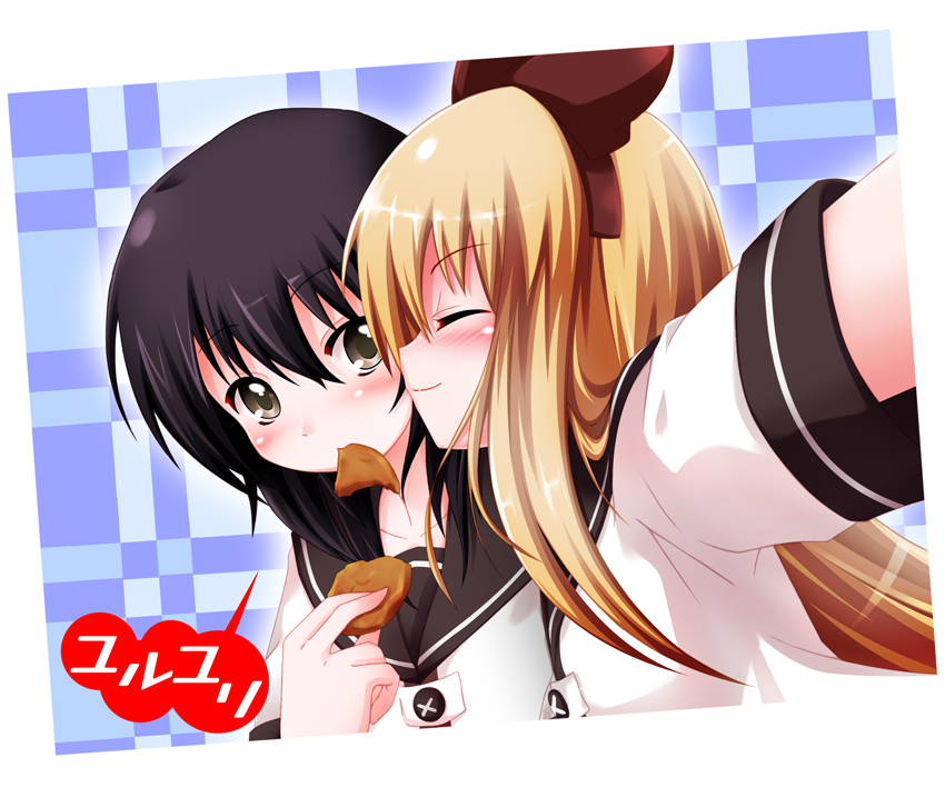 black_hair, blonde_hair, blush, bow, brown_eyes, cheek_kiss, closed_eyes, cookie