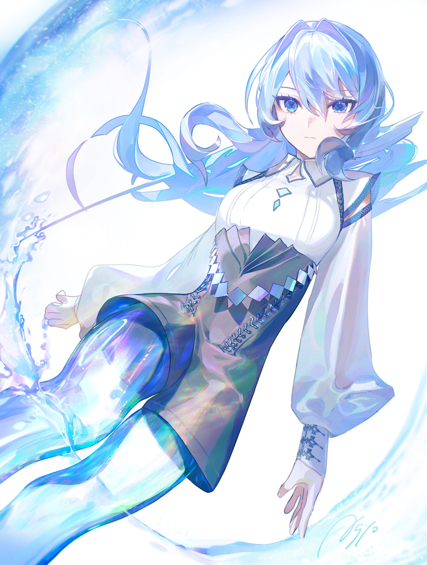 1girl, above-cleavage_cutout, agyou_sonokou_l, arms_at_sides, black_shorts, blue_eyes, blue_hair, blue_theme