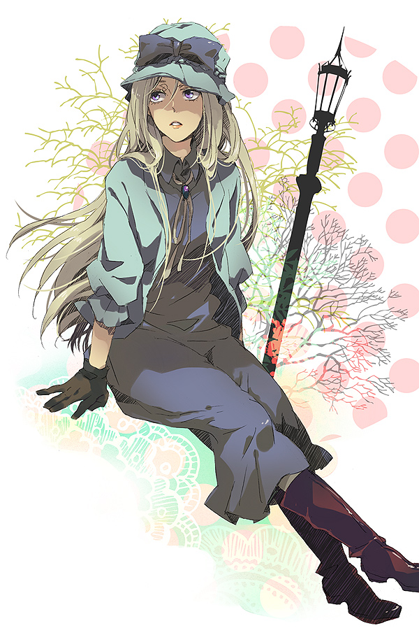 arm_support, axis_powers_hetalia, bad_id, belarus_(hetalia), blonde_hair, boots, bow, cloche_hat, dress, gloves, hat, hat_bow, jacket, lamppost, lantern, lips, lipstick, long_hair, makeup, pole, polka_dot, polka_dot_background, purple_eyes, ribbon, shade, sitting, solo, tree, violet_eyes, zan_nenko
