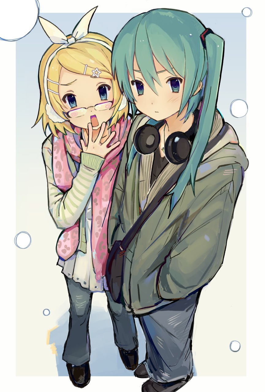 2girls, animal_print, bag, blue_eyes, blue_hair, bow_hairband, cardigan, commentary