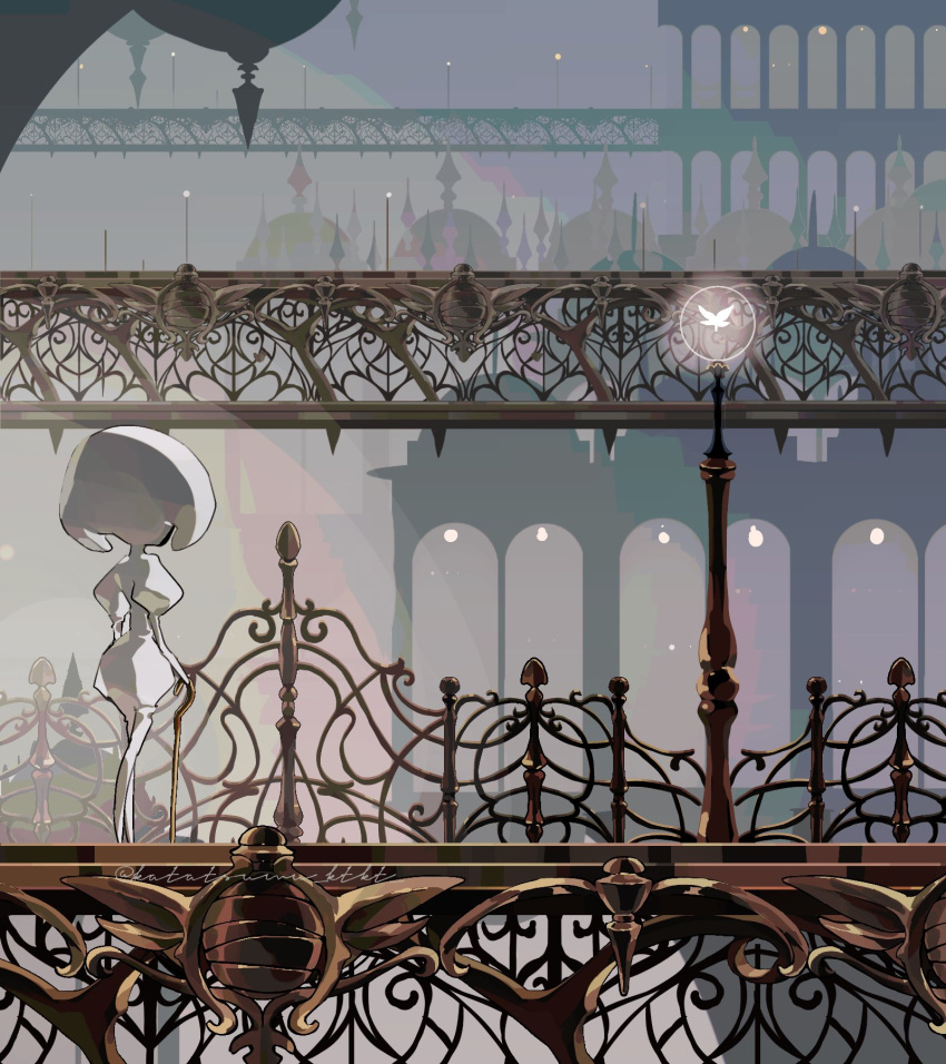 1girl, arthropod_girl, bodysuit, from_behind, full_body, highres, holding, holding_weapon, hollow_knight, hollow_knight:_silksong, in-universe_location, katatsumuririri, lace_(hollow_knight), lamppost, long_sleeves, pin_(hollow_knight), puffy_sleeves, solo, standing, tower, weapon, white_bodysuit