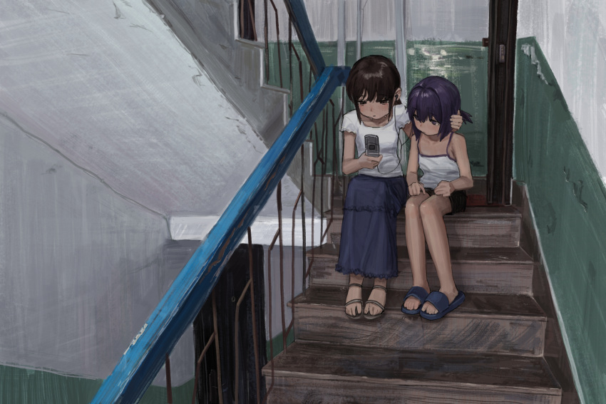 2girls, an_yb, black_eyes, black_hair, black_shorts, blouse, blue_sandals, blue_skirt