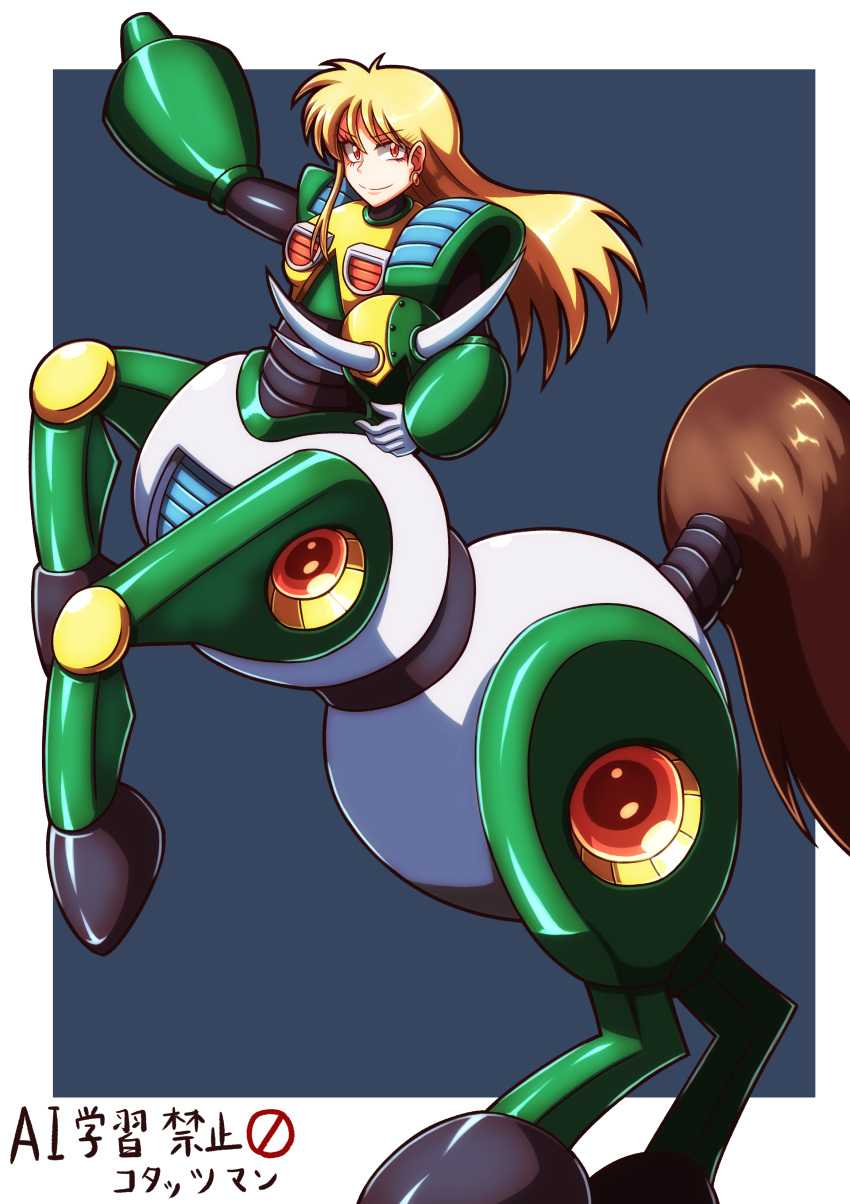 1girl, absurdres, android, arm_cannon, arm_up, armor, black_background, blonde_hair
