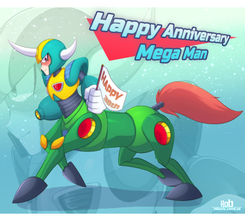 1boy, android, arm_cannon, armor, artist_name, centaur, centaur_man, closed_mouth