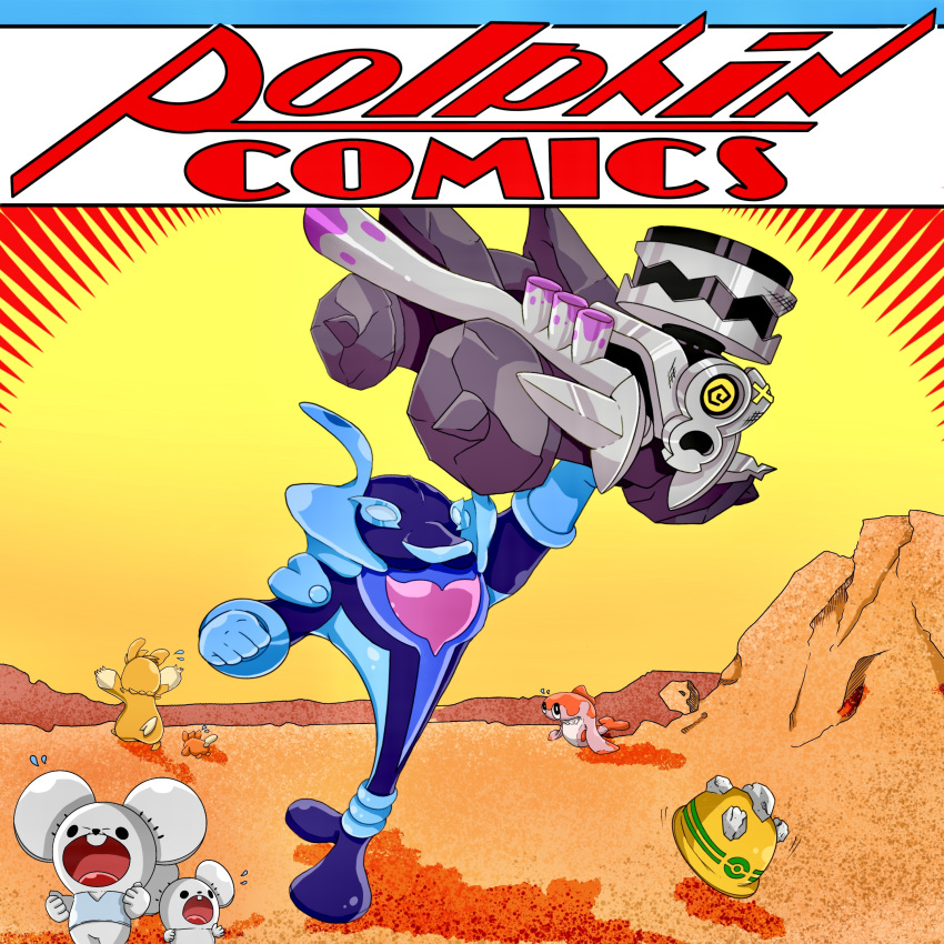 @_@, absurdres, carrying, commentary_request, dc_comics, derivative_work, english_text, fleeing, flying_sweatdrops, franky_shin, helmet, highres, maushold, maushold_(family_of_three), no_humans, one-eyed, open_mouth, palafin, palafin_(hero), parody, pawmi, pawmot, poke_ball_symbol, pokemon, pokemon_(creature), pokemon_focus, revavroom, rock, rocky_helmet_(pokemon), running, scared, superman_(series), tatsugiri, tatsugiri_(curly), unworn_headwear, unworn_helmet, yellow_helmet