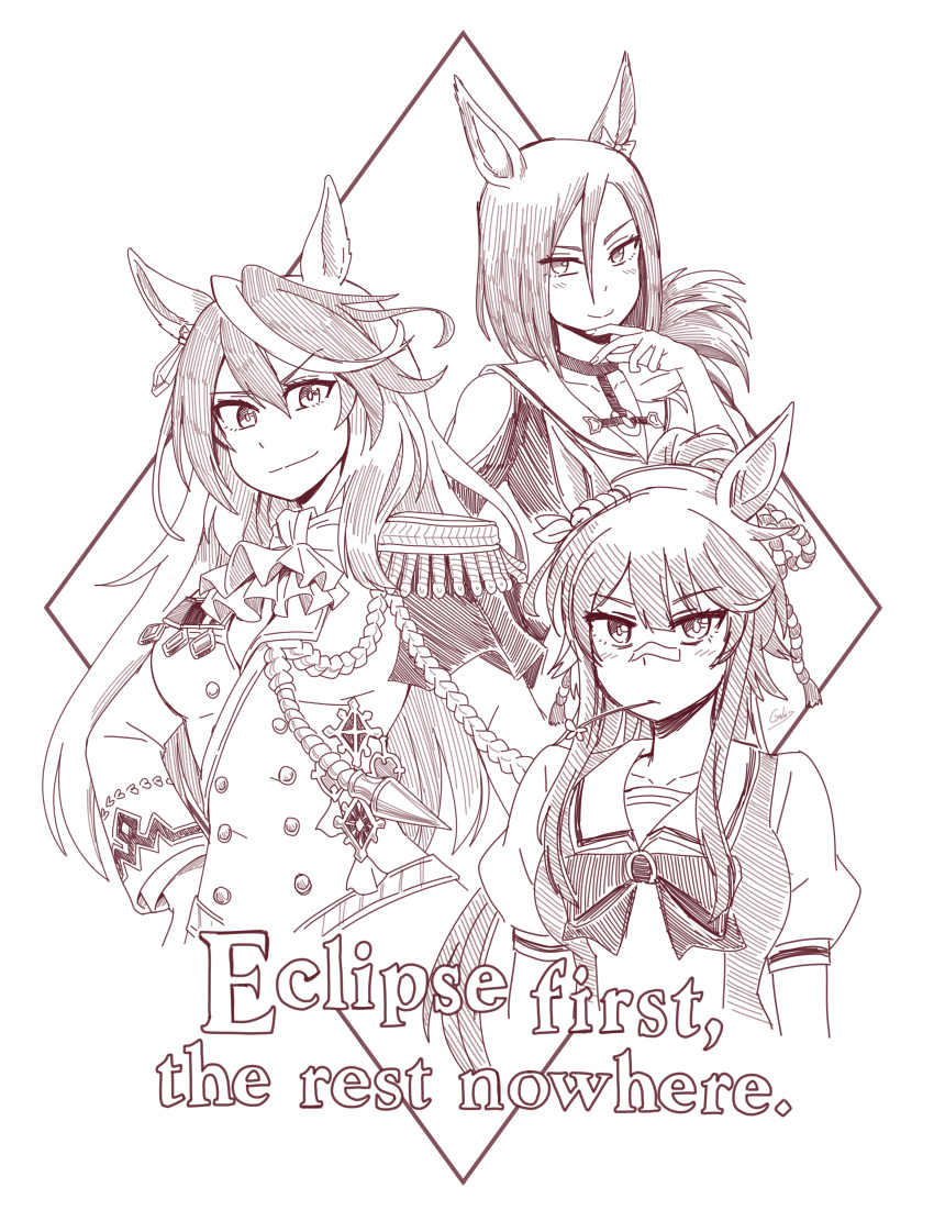 3girls, absurdres, air_groove_(empress_road)_(umamusume), air_groove_(umamusume), animal_ears, ascot, bandaid, bandaid_on_face