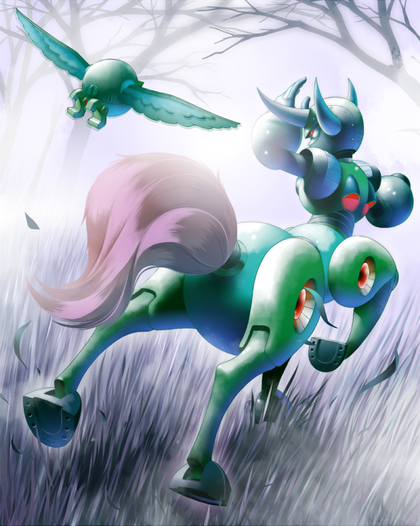 1boy, android, arm_cannon, arm_up, armor, bare_tree, beat_(mega_man), centaur
