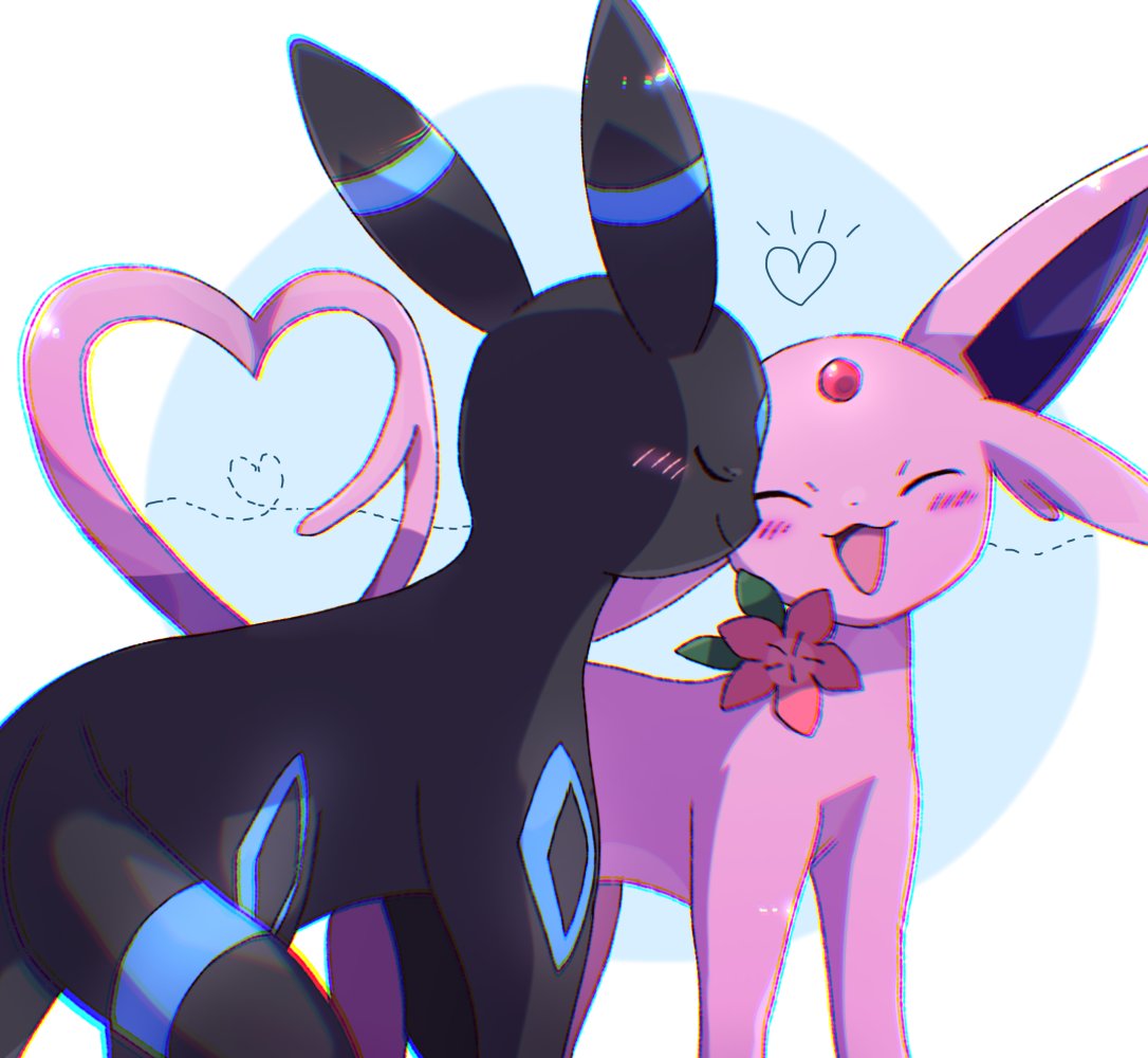 alternate_color, blush, closed_eyes, closed_mouth, commentary_request, couple, espeon, evolutionary_line