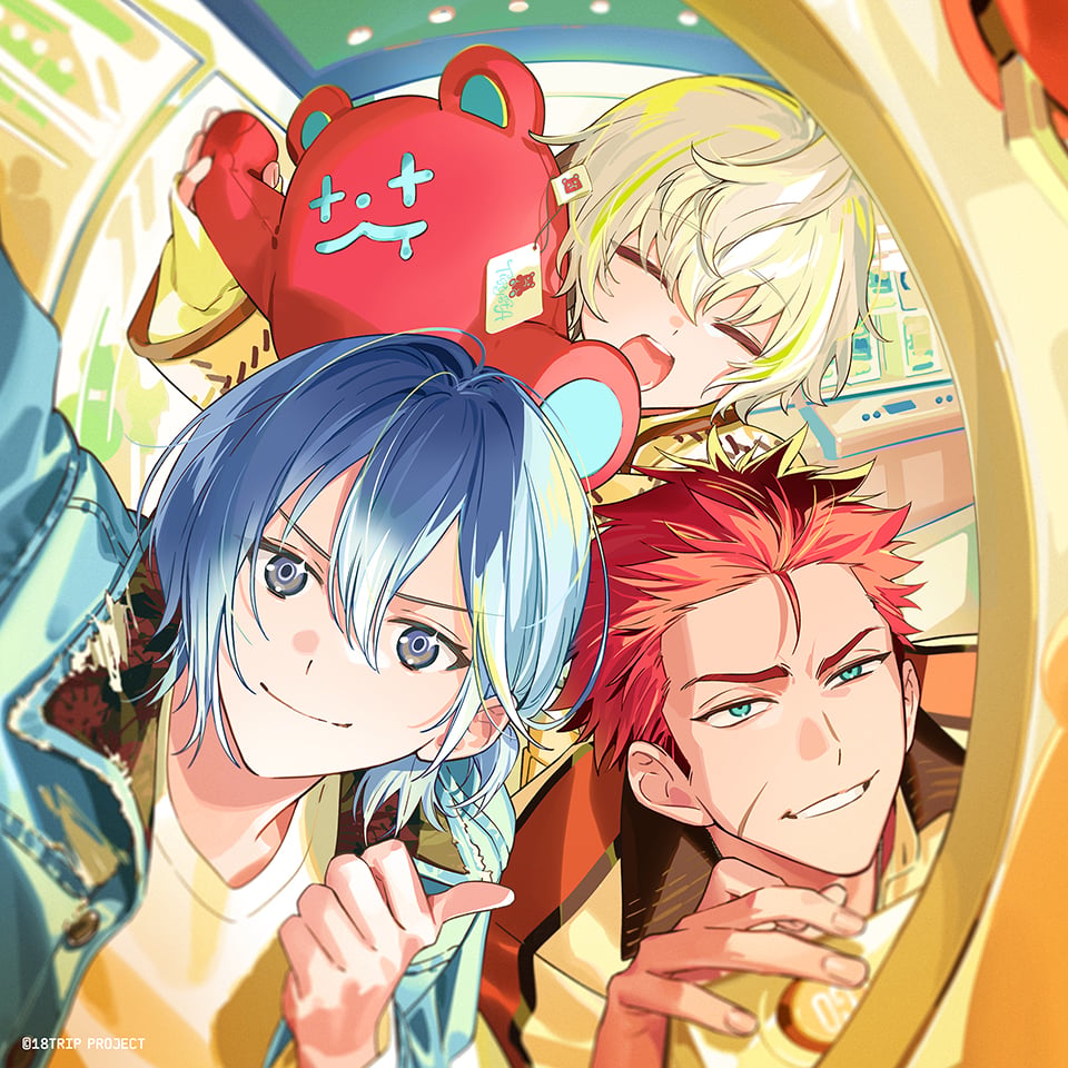 18trip, 3boys, blonde_hair, blue_hair, closed_eyes, doll, green_eyes, grey_eyes