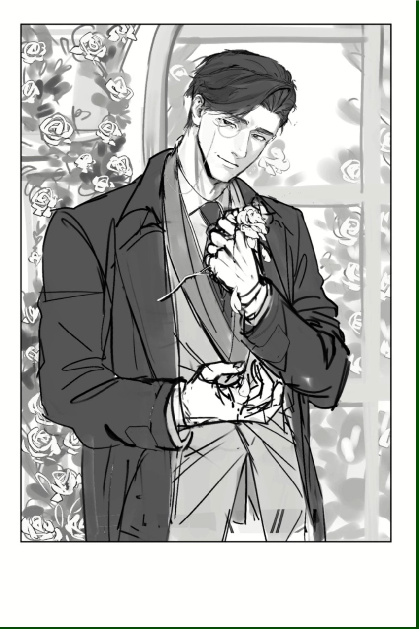 1boy, avery_(degrees_of_lewdity), avery_(male)_(degrees_of_lewdity), coat, collared_shirt, degrees_of_lewdity, flower, greyscale, highres, long_coat, looking_at_viewer, monochrome, monocle, necktie, open_clothes, open_coat, shirt, short_hair, solo, yao1575837