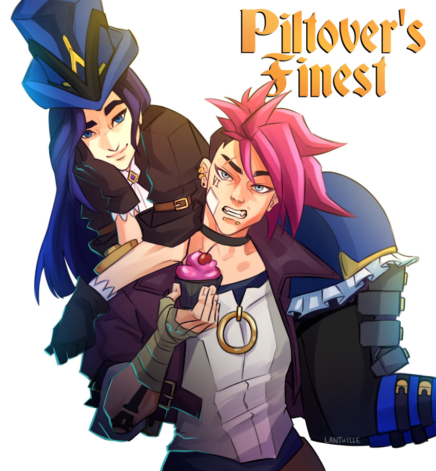 2girls, 2others, 2xko, absurdres, arm_tattoo, asymmetrical_hair, black_gloves, blue_hair