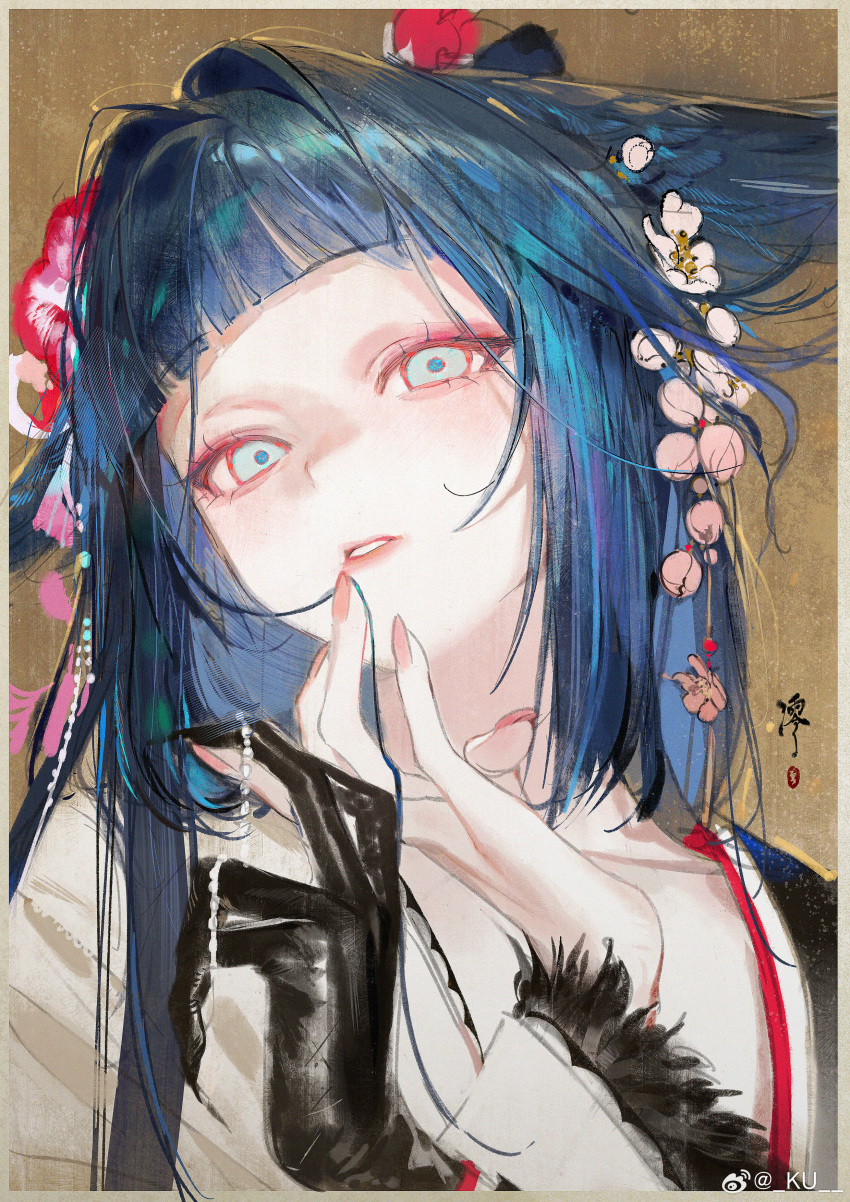 1girl, absurdres, arknights, black_hair, black_kimono, blue_eyes, blunt_bangs, cherry_blossoms, collarbone, flower, gradient_hair, hair_flower, hair_ornament, hair_wings, highres, japanese_clothes, kimono, kurikabacha, long_hair, long_sidelocks, long_sleeves, looking_at_viewer, makeup, mio_(arknights), multicolored_hair, pink_flower, sidelocks, single_extra_arm, solo, two-tone_kimono, very_long_hair, very_long_sidelocks, watermark, weibo_username, weibo_watermark, white_kimono
