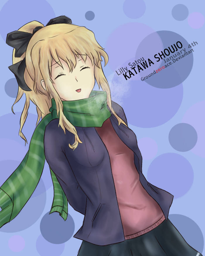 1girl, blind, blonde_hair, blue_background, blue_jacket, bow, breasts, closed_eyes, dated, green_scarf, groundzeroace, jacket, long_hair, pocket, ponytail, satou_lilly, scarf, shirt, short_hair, skirt, smile