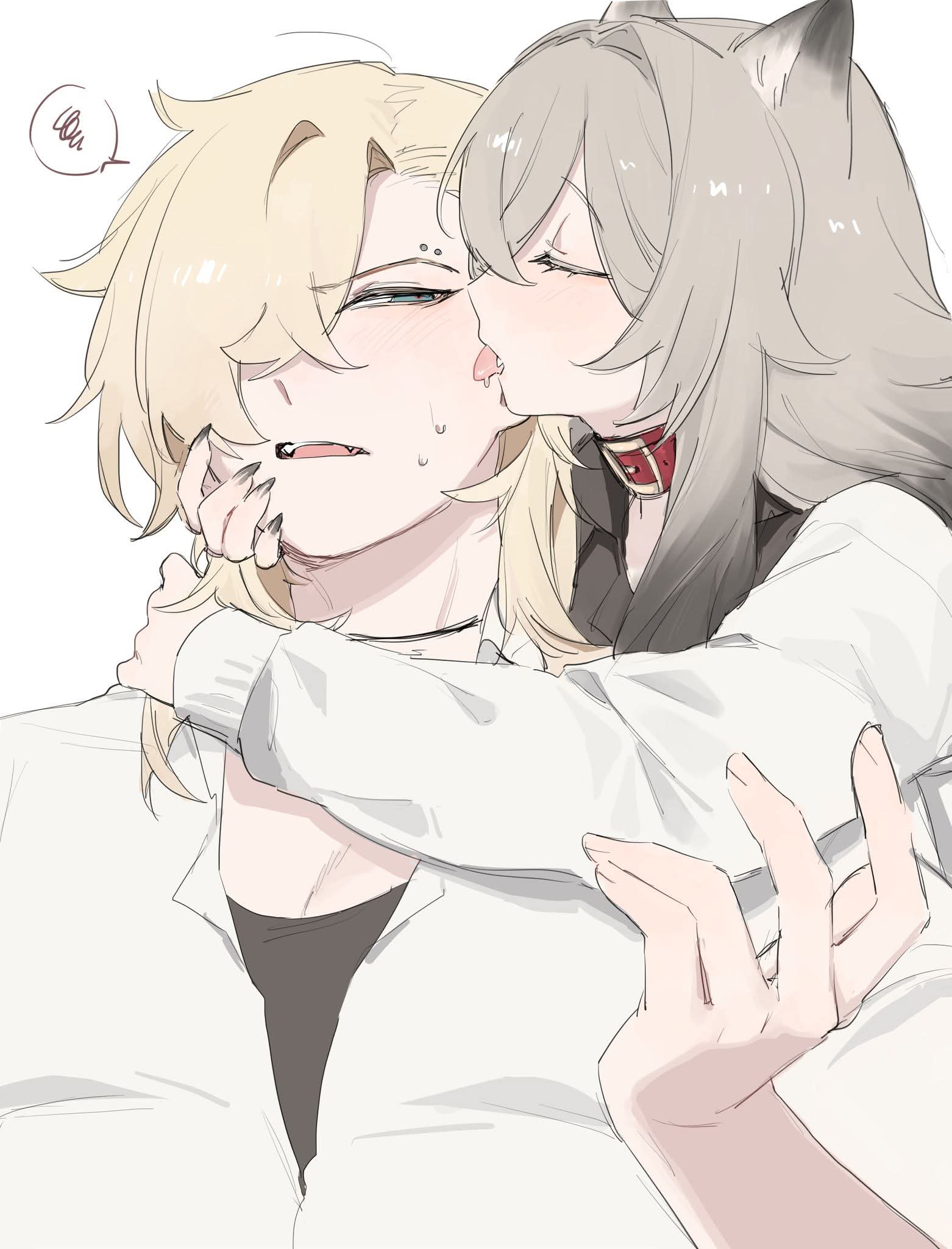 1boy, 1girl, animal_ears, blonde_hair, blue_eyes, collared_shirt, commentary, degrees_of_lewdity