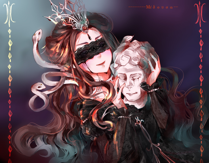 1girl, absurdres, beads, black_dress, blindfold, blush, brown_hair, bust_(sculpture)