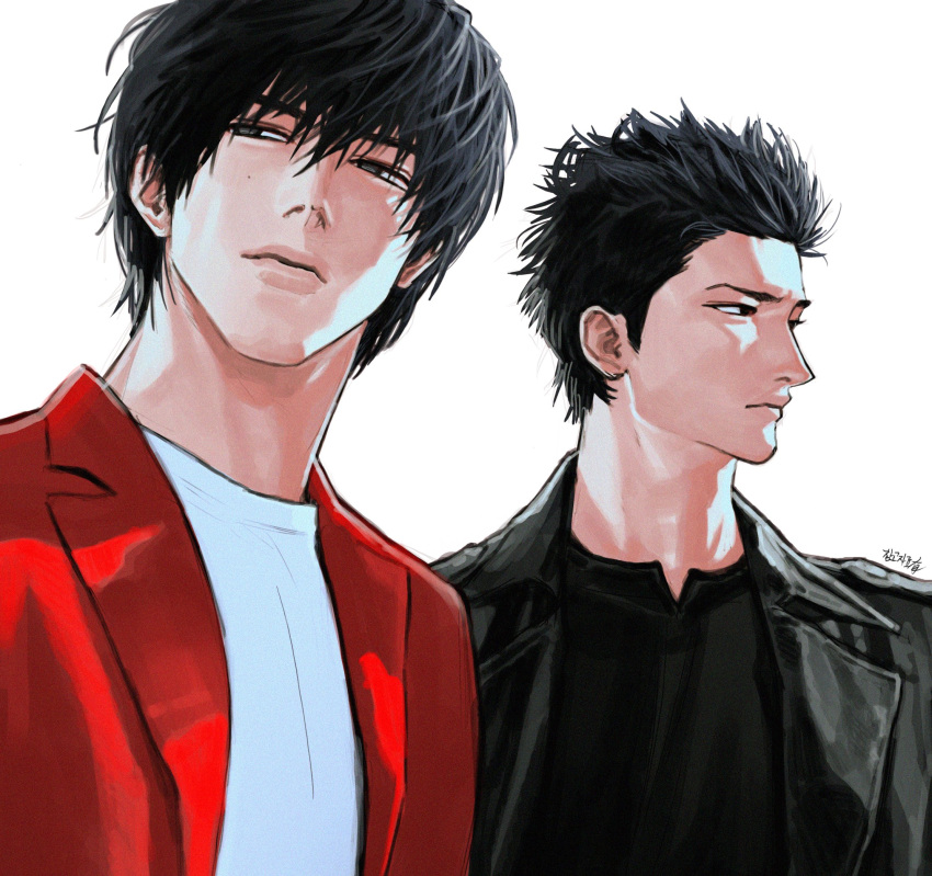 2boys, akiyama_ren, animification, black_eyes, black_hair, black_shirt, closed_mouth, h_wjlee