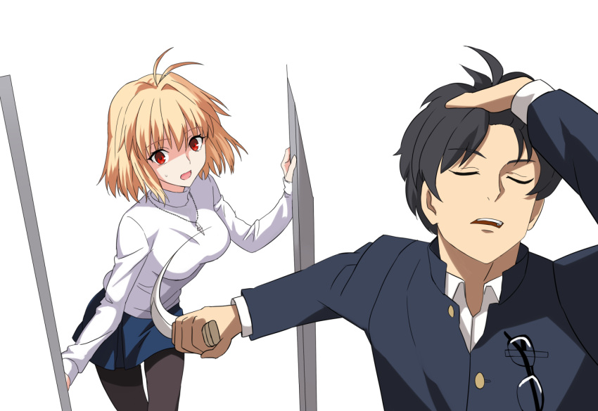 1boy, 1girl, adjusting_hair, ahoge, arcueid_brunestud, black_hair, blonde_hair, blue_skirt, breasts, brown_pantyhose, closed_eyes, commentary, english_commentary, folding_knife, gakuran, glasses, holding, holding_knife, i.f.s.f, jewelry, jujutsu_kaisen, knife, meme, miniskirt, nanatsu-yoru, naoya_hitting_choso_without_looking_(meme), necklace, nervous_sweating, opening_door, pantyhose, parody, partially_shaded_face, red_eyes, reverse_grip, scene_reference, school_uniform, shirt, short_hair, skirt, slashing, souya_high_school_uniform, sweat, sweater, switchblade, tohno_shiki, tsukihime, tsukihime_(remake), white_shirt