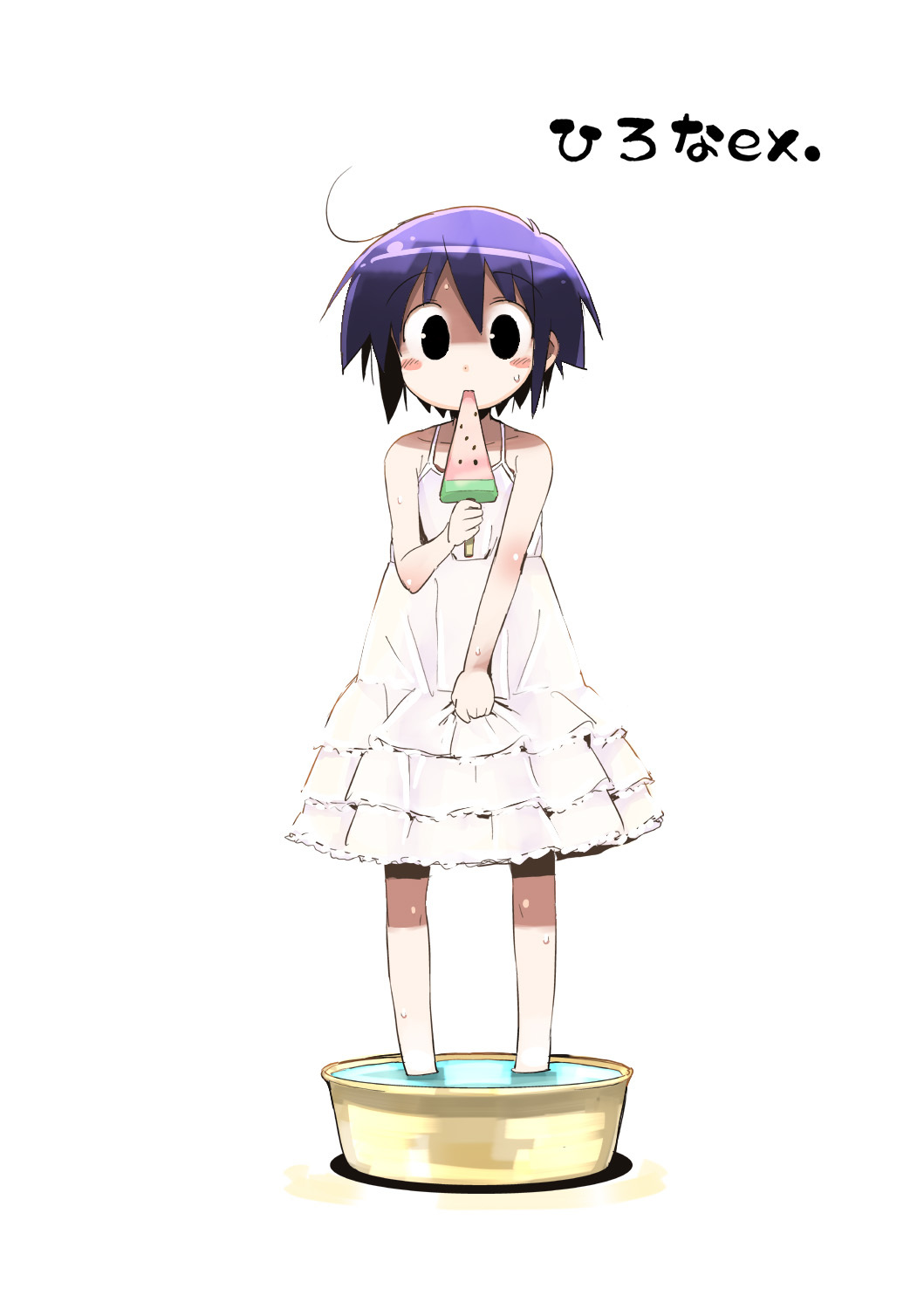 black_eyes, child, dress, feet_in_water, highres, hirona_ex, nakamura_hirona, popsicle