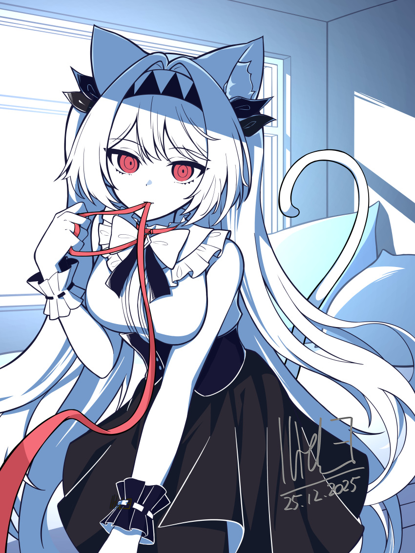 absurdres, animal_collar, animal_ears, black_hairband, black_ribbon, black_skirt, black_wrist_cuffs, bow