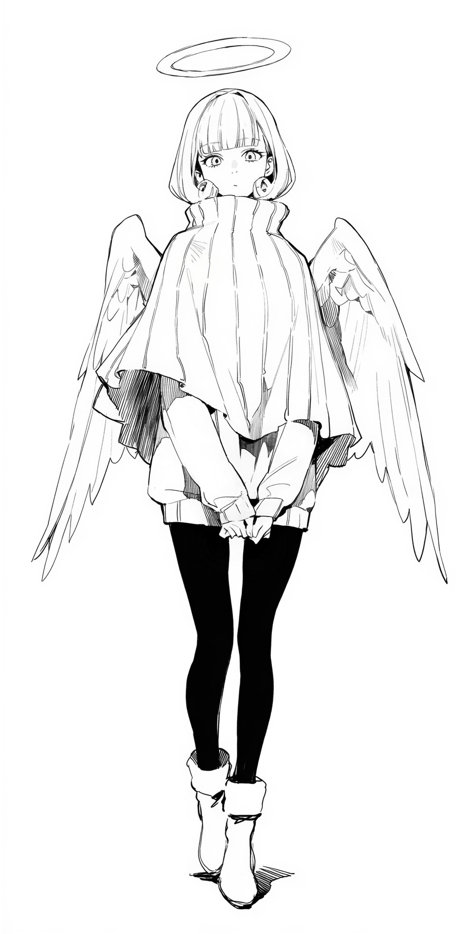 1girl, angel, angel_wings, blunt_bangs, boots, capelet, curly_hair, expressionless
