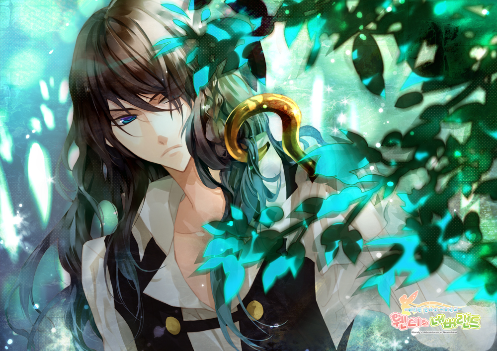 bad_id, blue_eyes, brown_hair, captain_hook, copyright_request, hook, hook_hand, leaf, long_hair, male, nokcy, peter_pan, solo