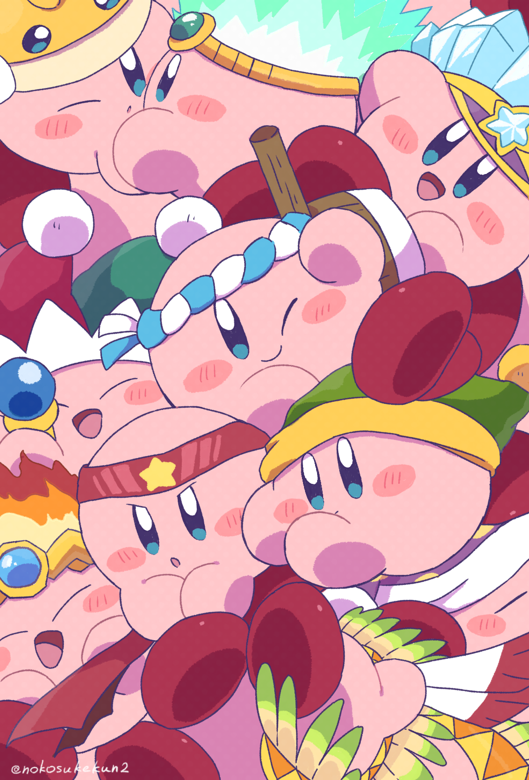 beam_kirby, blue_eyes, commentary_request, cutter_kirby, fire, fire_kirby, hammer_kirby, happy