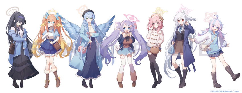 6+girls, ahoge, bag, black_boots, black_hair, blonde_hair, blue_archive, blue_bow