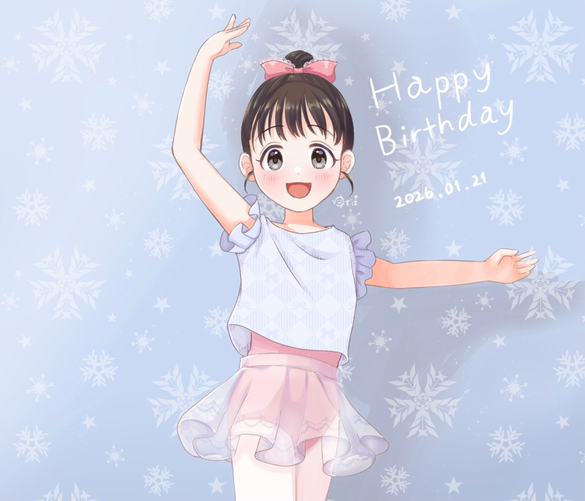 1girl, athletic_leotard, bare_arms, black_hair, blush, bow, commentary_request, dated