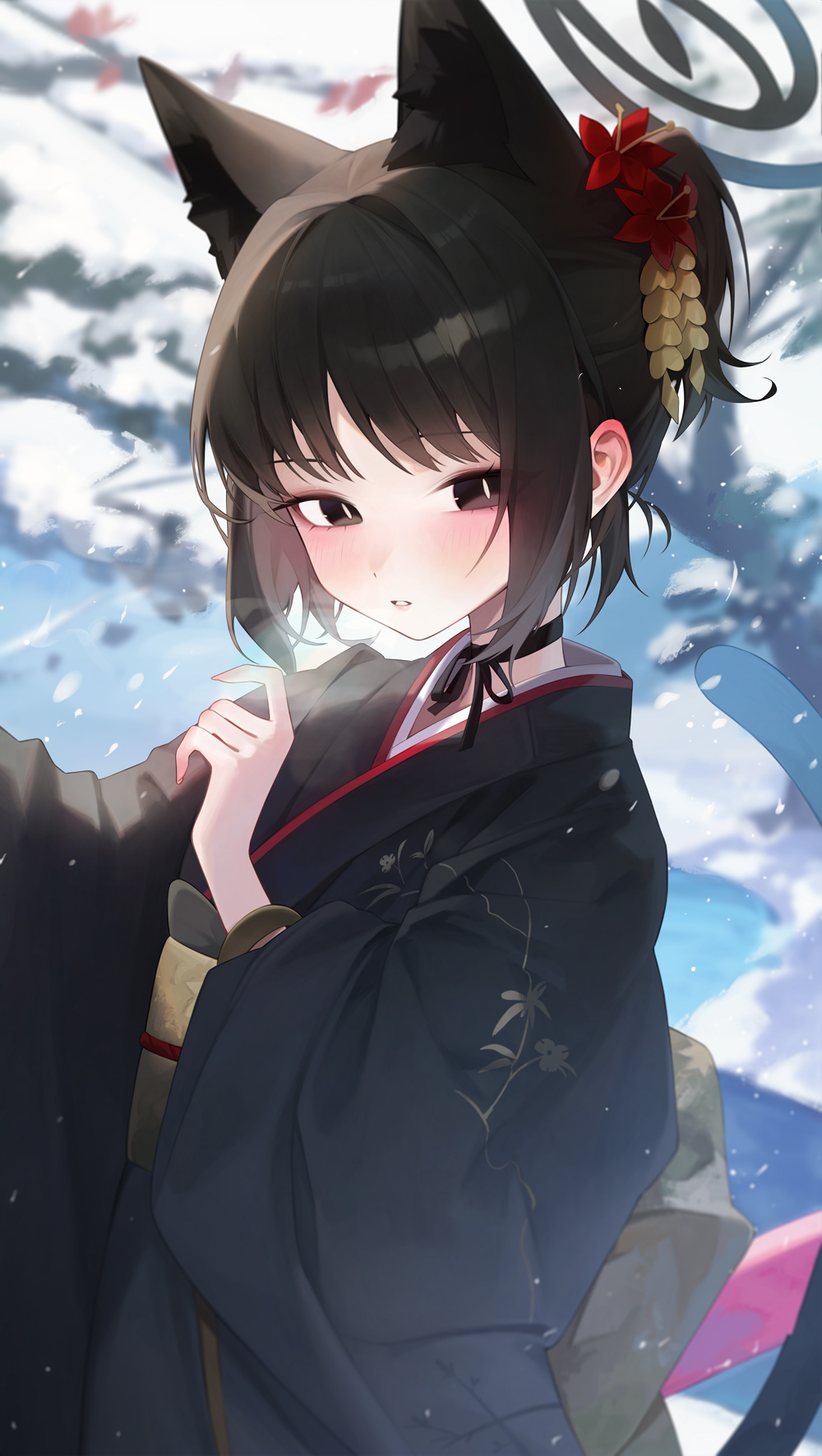 1girl, animal_ear_fluff, animal_ears, black_choker, black_eyes, black_hair, black_halo, black_kimono, blue_archive, blue_halo, breath, cat_ears, cat_girl, cat_tail, choker, flower, from_side, furisode, gradient_halo, hair_flower, hair_ornament, halo, hand_up, highres, japanese_clothes, kikyou_(blue_archive), kimono, looking_at_viewer, looking_to_the_side, multicolored_halo, multiple_tails, obi, parted_lips, print_kimono, ribbon_choker, s0104y, sash, slit_pupils, snowing, solo, tail, updo, upper_body