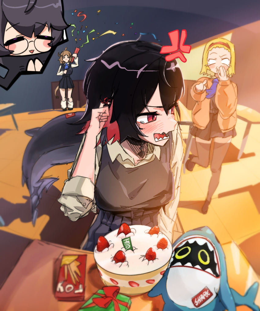 4girls, anger_vein, bangboo_(zenless_zone_zero), birthday, birthday_cake, black_hair, black_shoes, black_sweater_vest