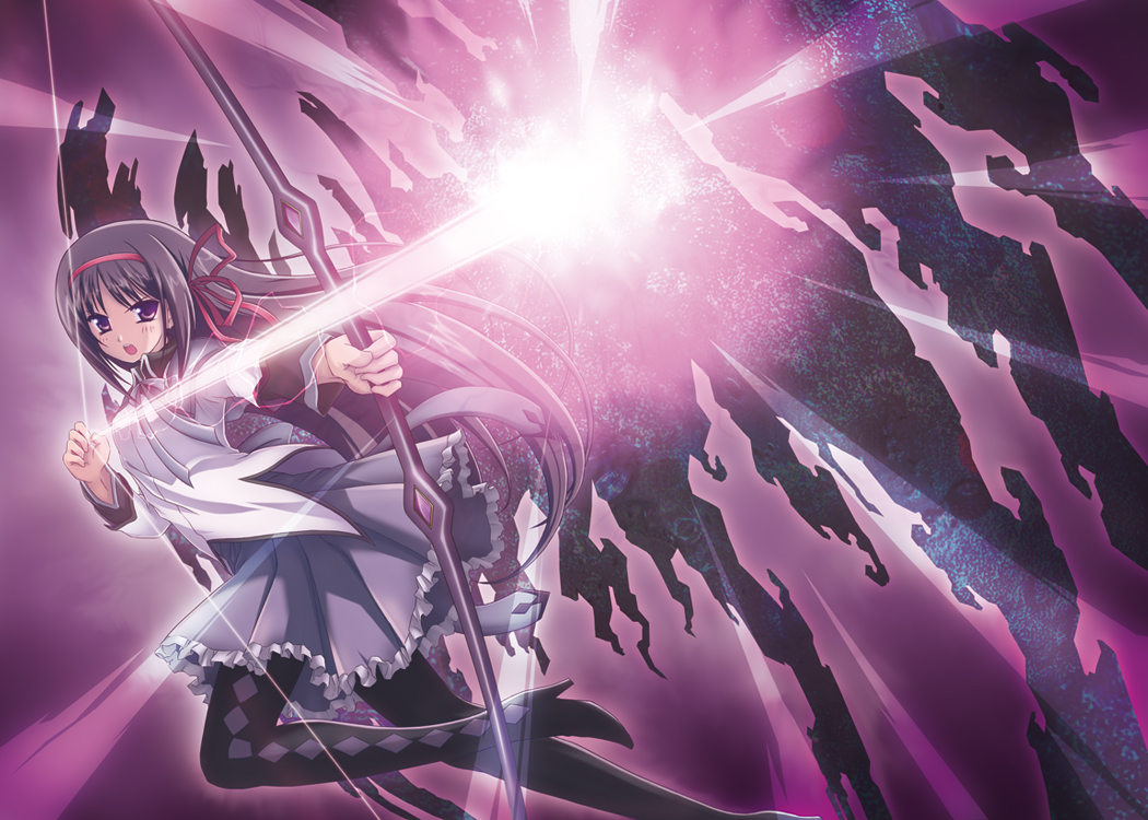akemi_homura, argyle, argyle_legwear, black_hair, bow_(weapon), contact_parade_sal, hair_ribbon, magical_girl, mahou_shoujo_madoka_magica, open_mouth, pantyhose, purple_eyes, ribbon, solo, spoilers, violet_eyes, weapon, wings