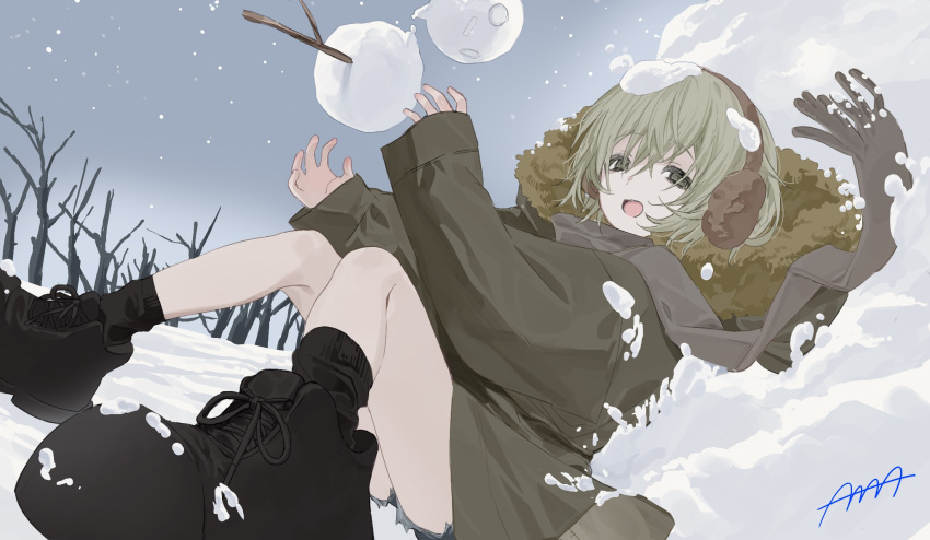 1girl, 4_ge, bags_under_eyes, bare_tree, black_eyes, black_shoes, black_socks, brown_coat, coat, commentary, earmuffs, fur-trimmed_coat, fur_trim, grey_hair, grey_scarf, grey_sky, hands_up, highres, long_sleeves, looking_at_viewer, lying, on_back, on_ground, open_mouth, original, outdoors, scarf, shoes, short_hair, short_shorts, shorts, signature, sky, sneakers, snow, snow_on_head, snowman, socks, solo, symbol-only_commentary, tree