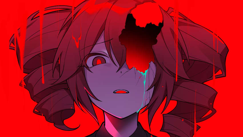 1girl, absurdres, broken_skin, colored_eyelashes, commentary_request, cracked_skin, drill_hair, dripping